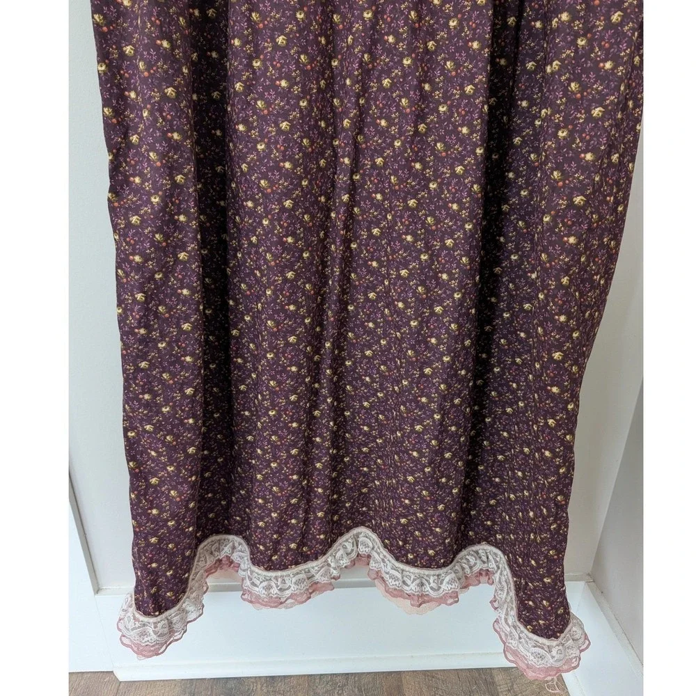 Vintage Plum Floral Calico Prairie Midi Dress Lace Trim Cottagecore XL Handmade - Picture 9 of 14